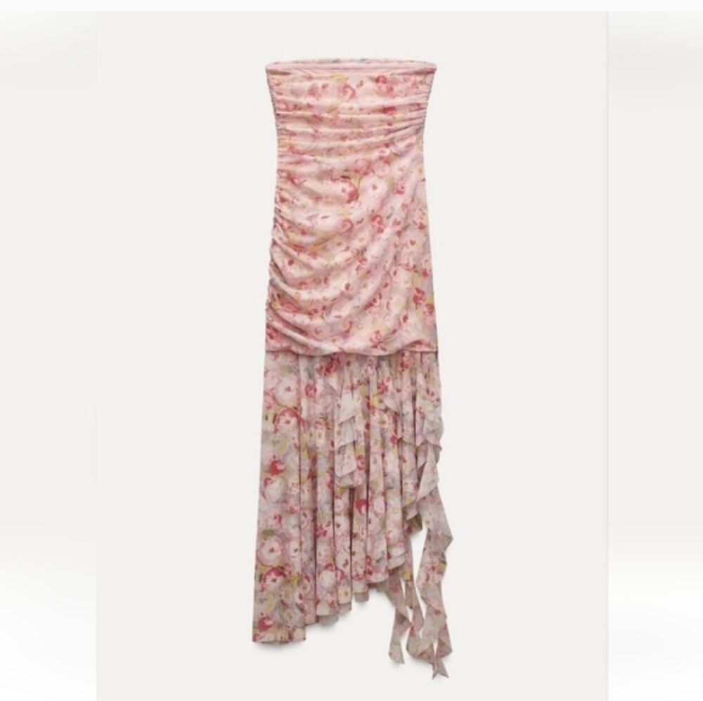 ZARA PRINTED TULLE BANDEAU DRESS